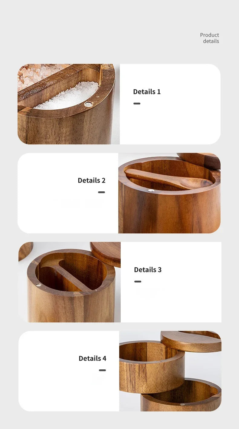 Wooden Seasoning Jar – Large Capacity Pepper & Salt Box with Spoon