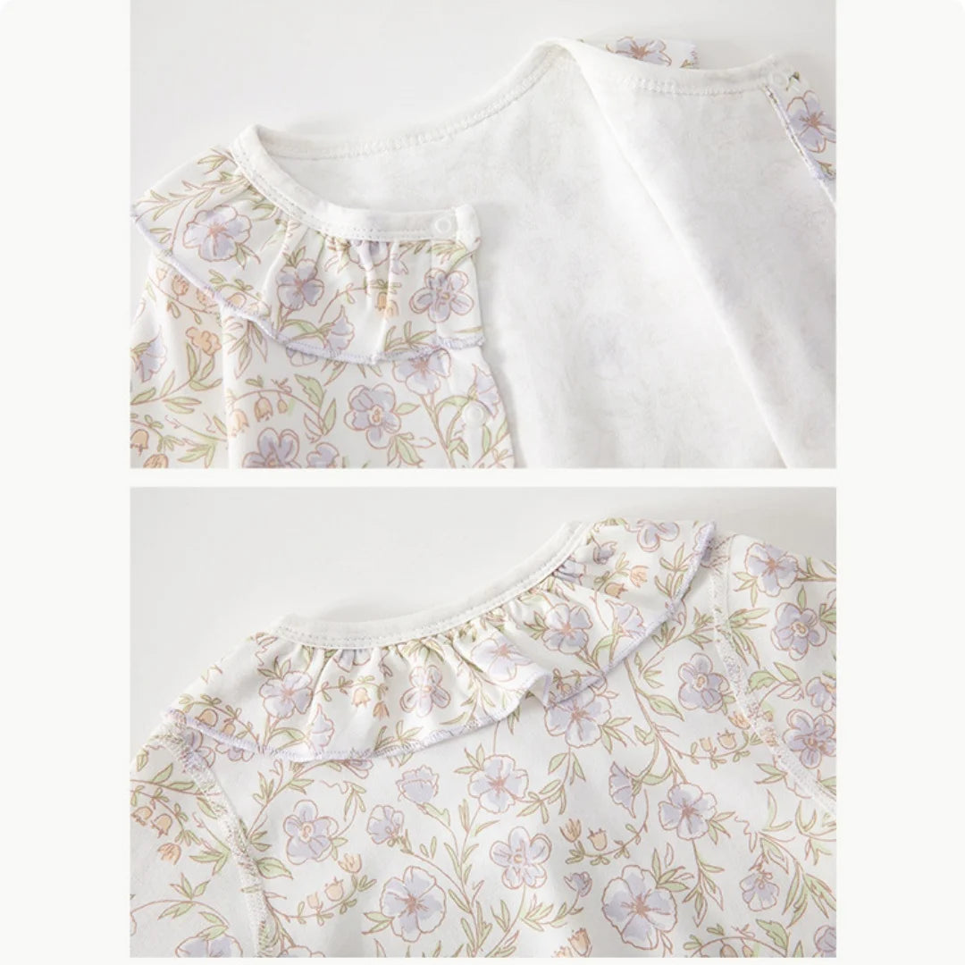 Baby Girls Floral Ruffle Romper – Long Sleeve Cotton Sleepwear (0–2Y)