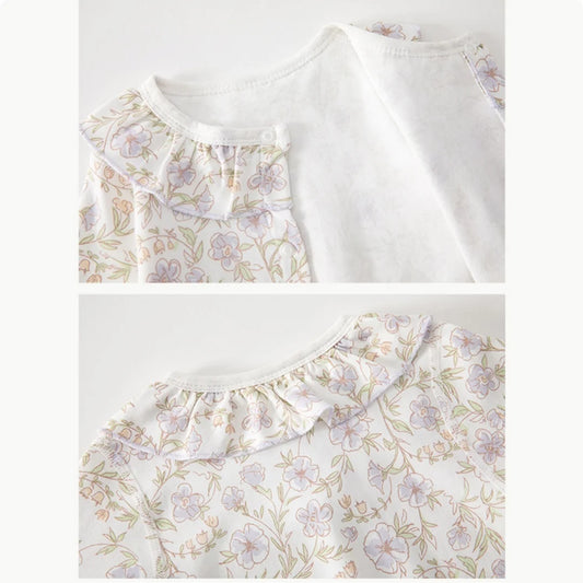 Baby Girls Floral Ruffle Romper – Long Sleeve Cotton Sleepwear (0–2Y)