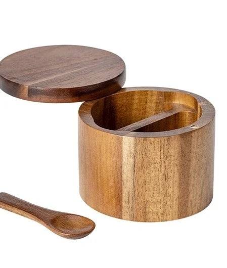Wooden Seasoning Jar – Large Capacity Pepper & Salt Box with Spoon