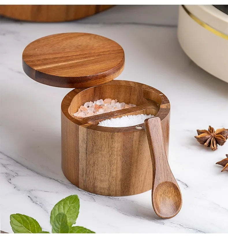 Wooden Seasoning Jar – Large Capacity Pepper & Salt Box with Spoon