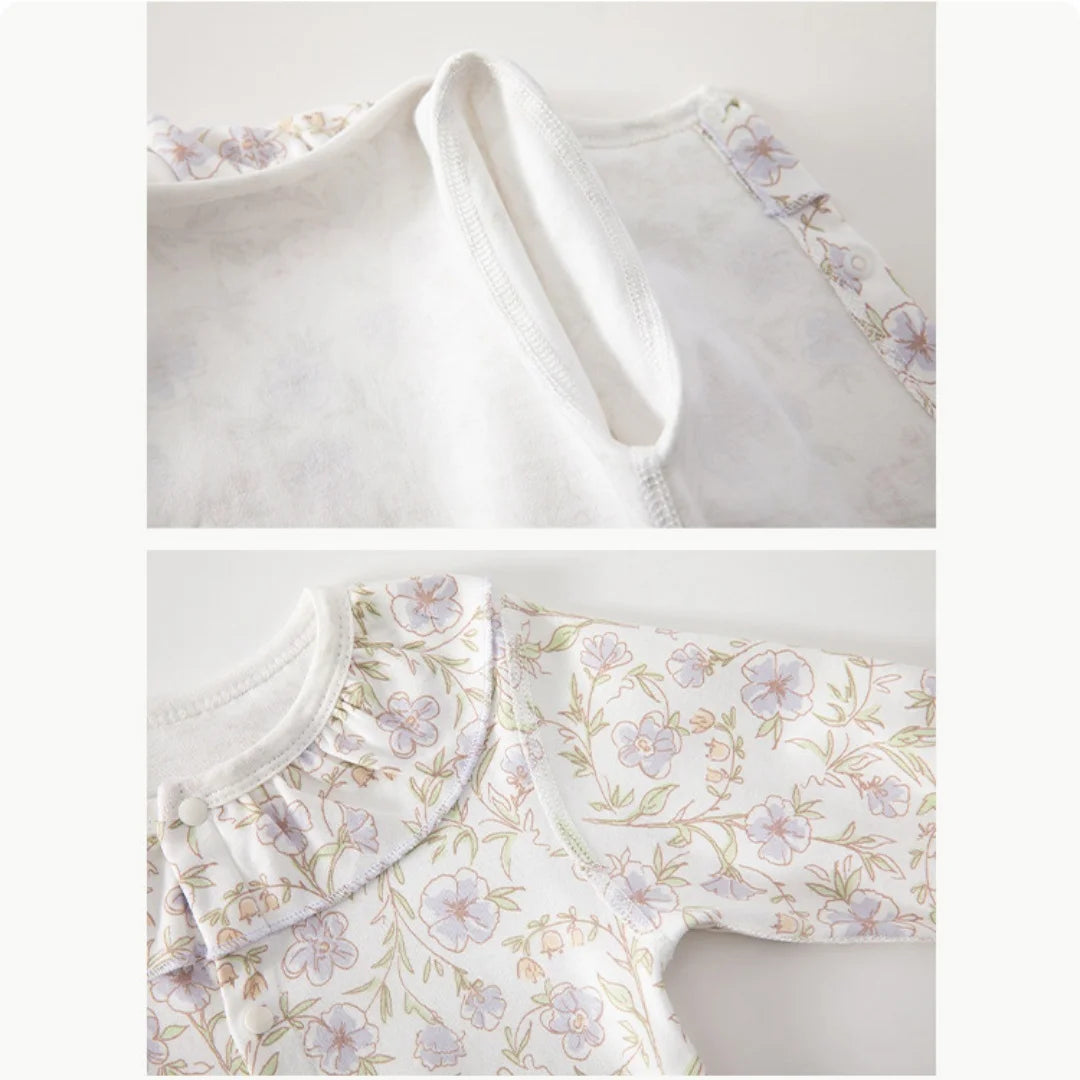 Baby Girls Floral Ruffle Romper – Long Sleeve Cotton Sleepwear (0–2Y)