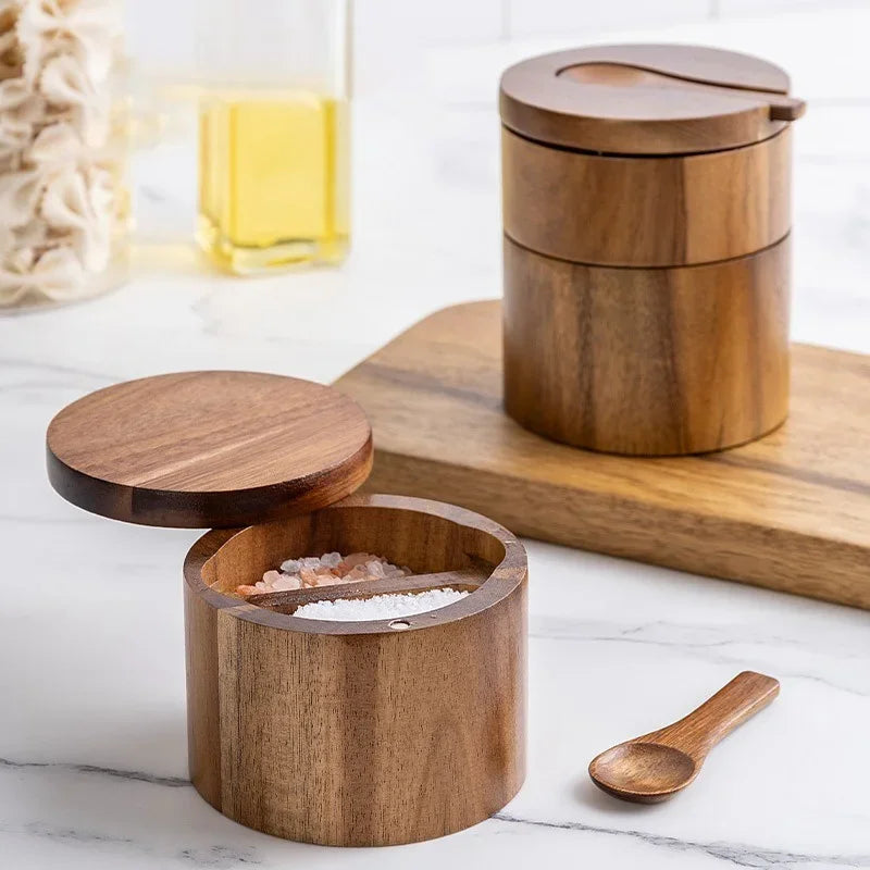 Wooden Seasoning Jar – Large Capacity Pepper & Salt Box with Spoon