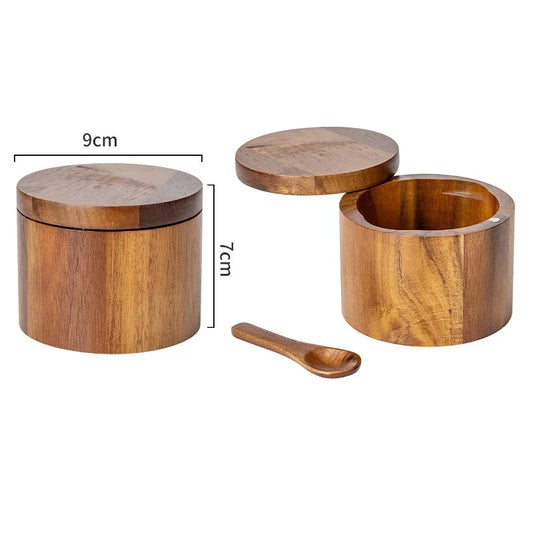 Wooden Seasoning Jar – Large Capacity Pepper & Salt Box with Spoon