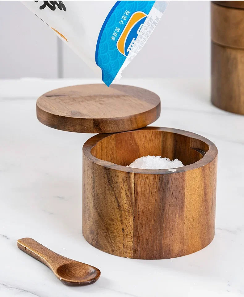 Wooden Seasoning Jar – Large Capacity Pepper & Salt Box with Spoon