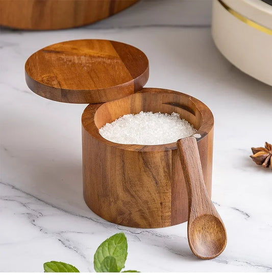 Wooden Seasoning Jar – Large Capacity Pepper & Salt Box with Spoon