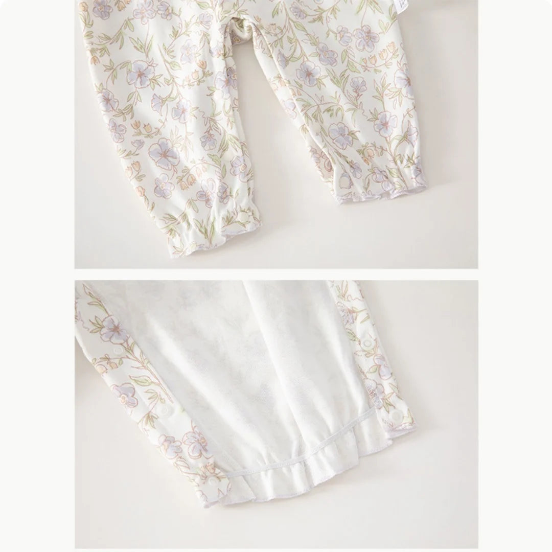 Baby Girls Floral Ruffle Romper – Long Sleeve Cotton Sleepwear (0–2Y)