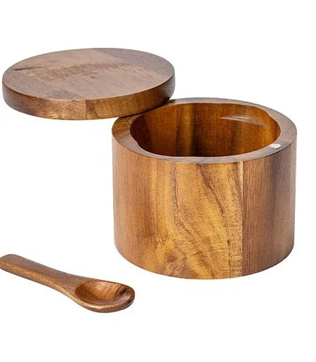 Wooden Seasoning Jar – Large Capacity Pepper & Salt Box with Spoon