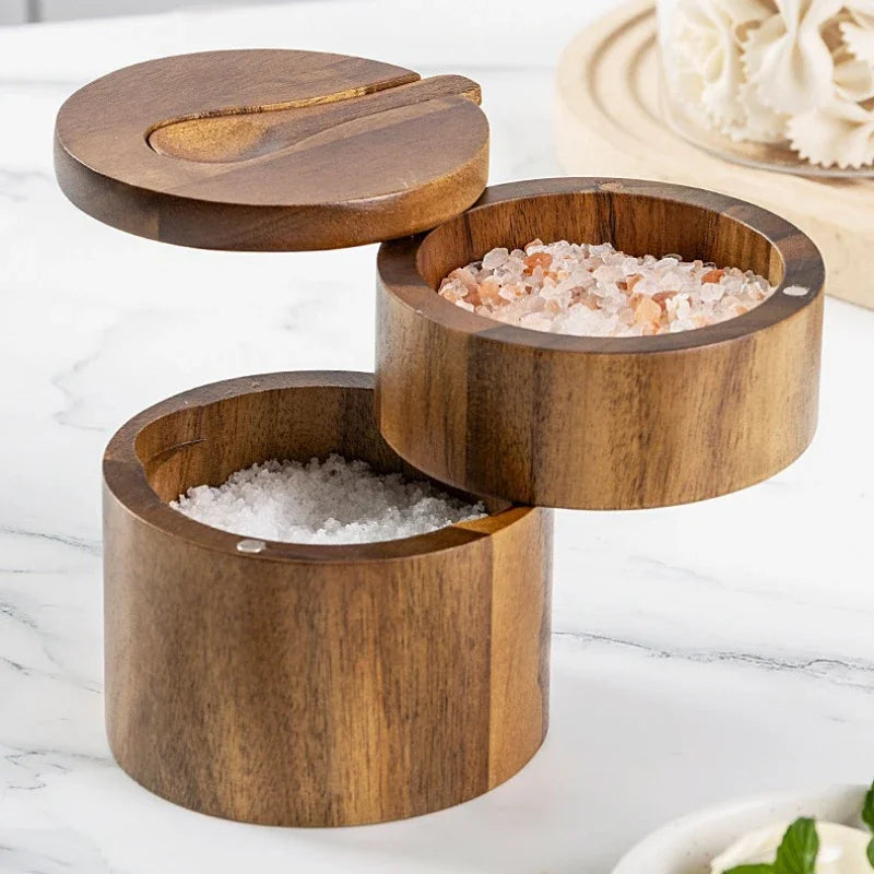 Wooden Seasoning Jar – Large Capacity Pepper & Salt Box with Spoon