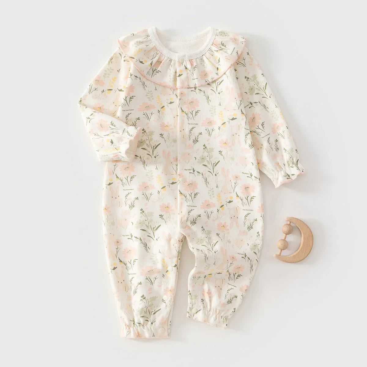 Baby Girls Floral Ruffle Romper – Long Sleeve Cotton Sleepwear (0–2Y)