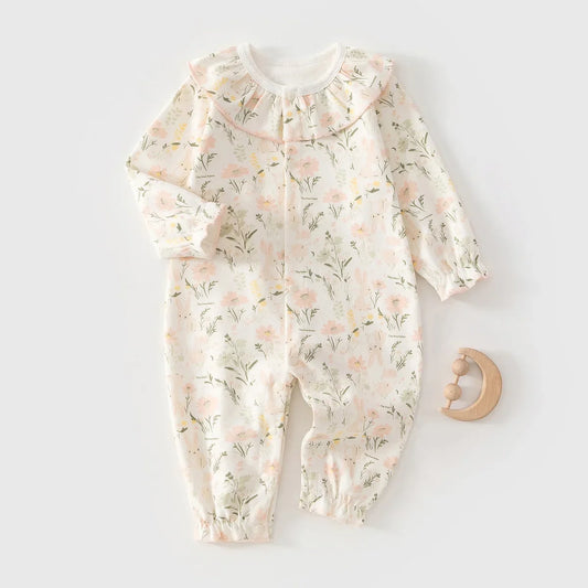 Baby Girls Floral Ruffle Romper – Long Sleeve Cotton Sleepwear (0–2Y)