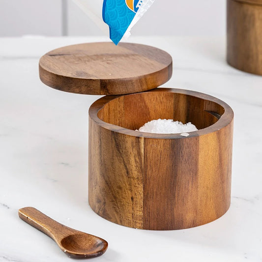 Wooden Seasoning Jar – Large Capacity Pepper & Salt Box with Spoon