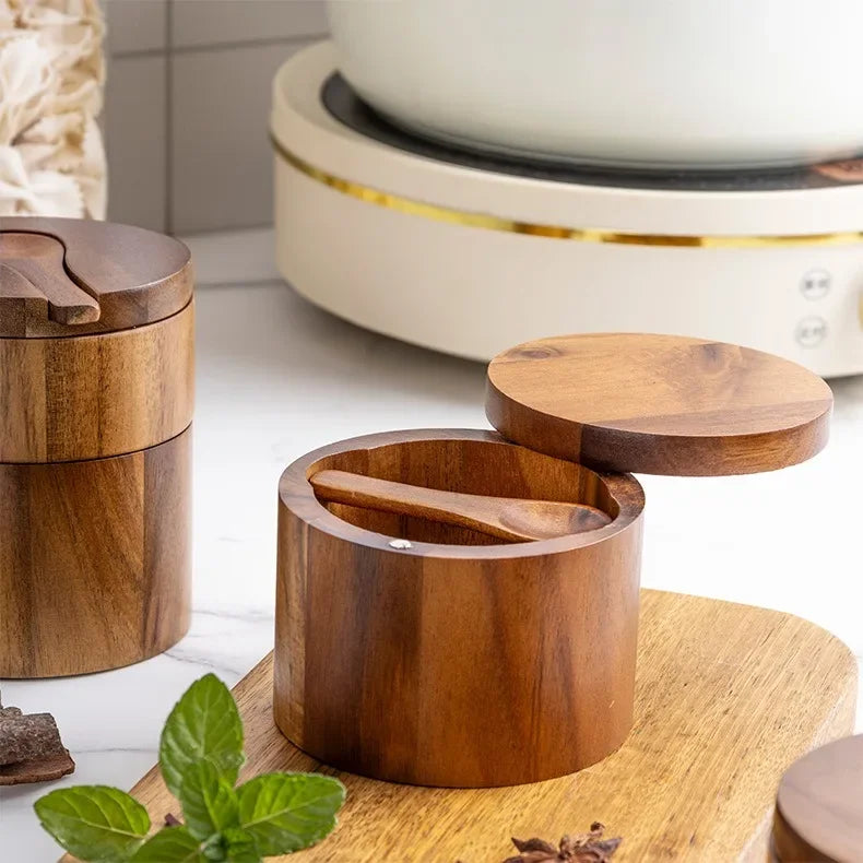 Wooden Seasoning Jar – Large Capacity Pepper & Salt Box with Spoon