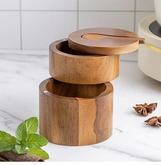 Wooden Seasoning Jar – Large Capacity Pepper & Salt Box with Spoon