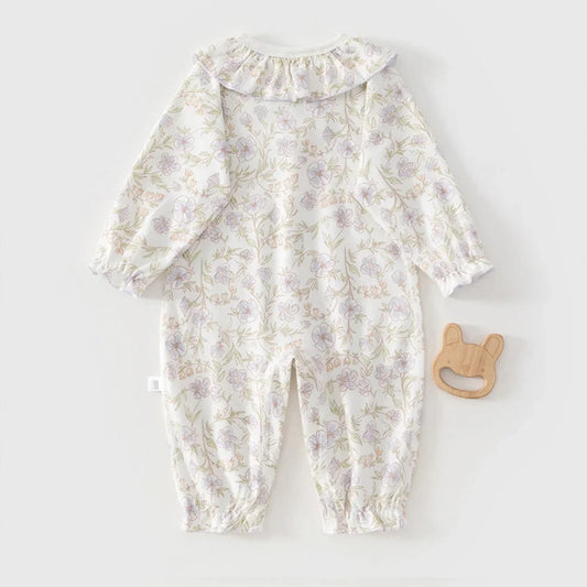 Baby Girls Floral Ruffle Romper – Long Sleeve Cotton Sleepwear (0–2Y)