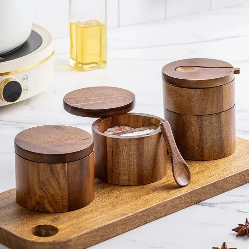 Wooden Seasoning Jar – Large Capacity Pepper & Salt Box with Spoon