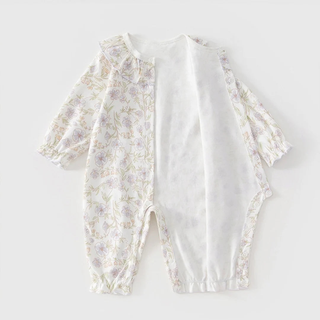 Baby Girls Floral Ruffle Romper – Long Sleeve Cotton Sleepwear (0–2Y)