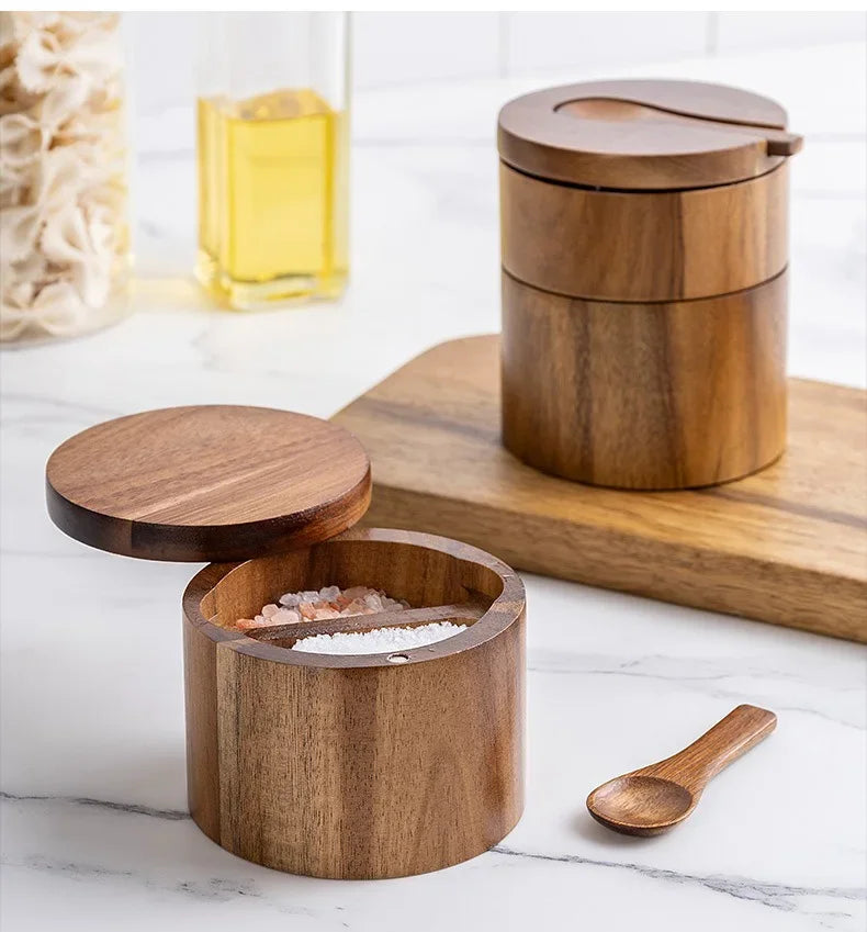 Wooden Seasoning Jar – Large Capacity Pepper & Salt Box with Spoon