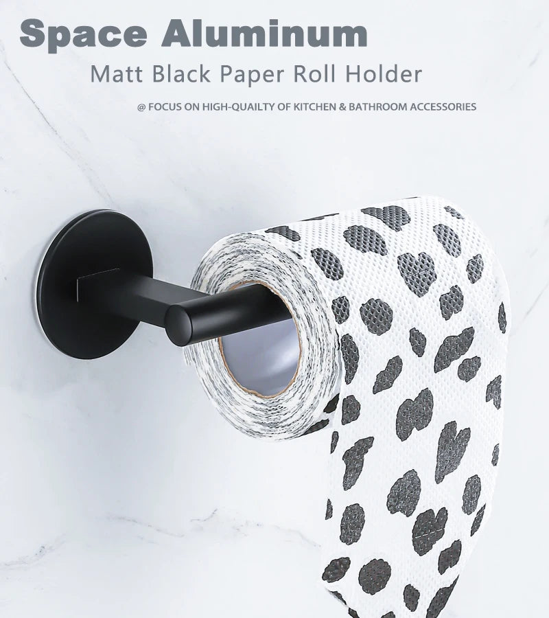 Black Aluminum Alloy Toilet Paper Self-Adhesive 3M Wall Mounted Holder