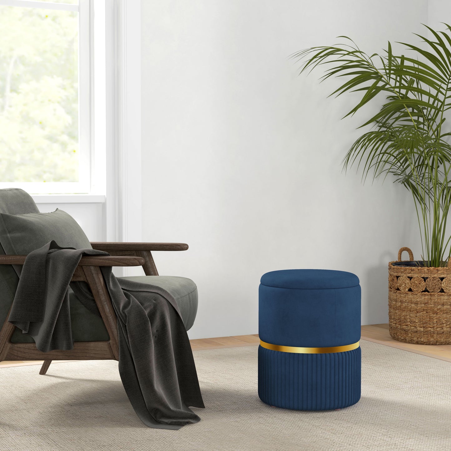 Round Storage Foot Stool, Velvet-Feel Fabric Upholstered Pouffe