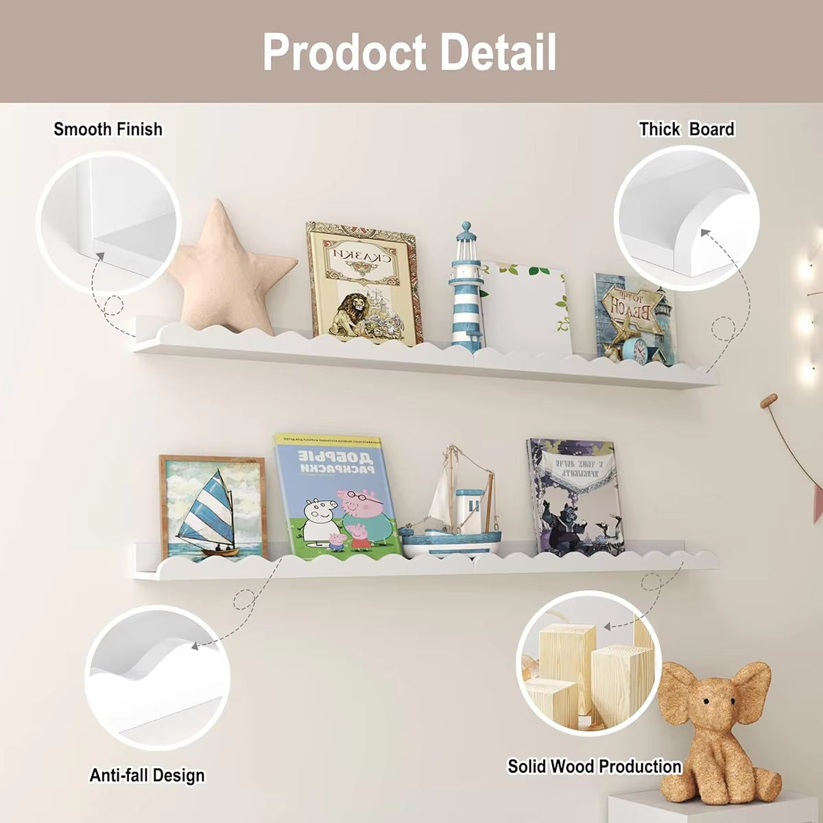 White Wavy Wooden Floating Shelf Wall Mounted Storage Ledge