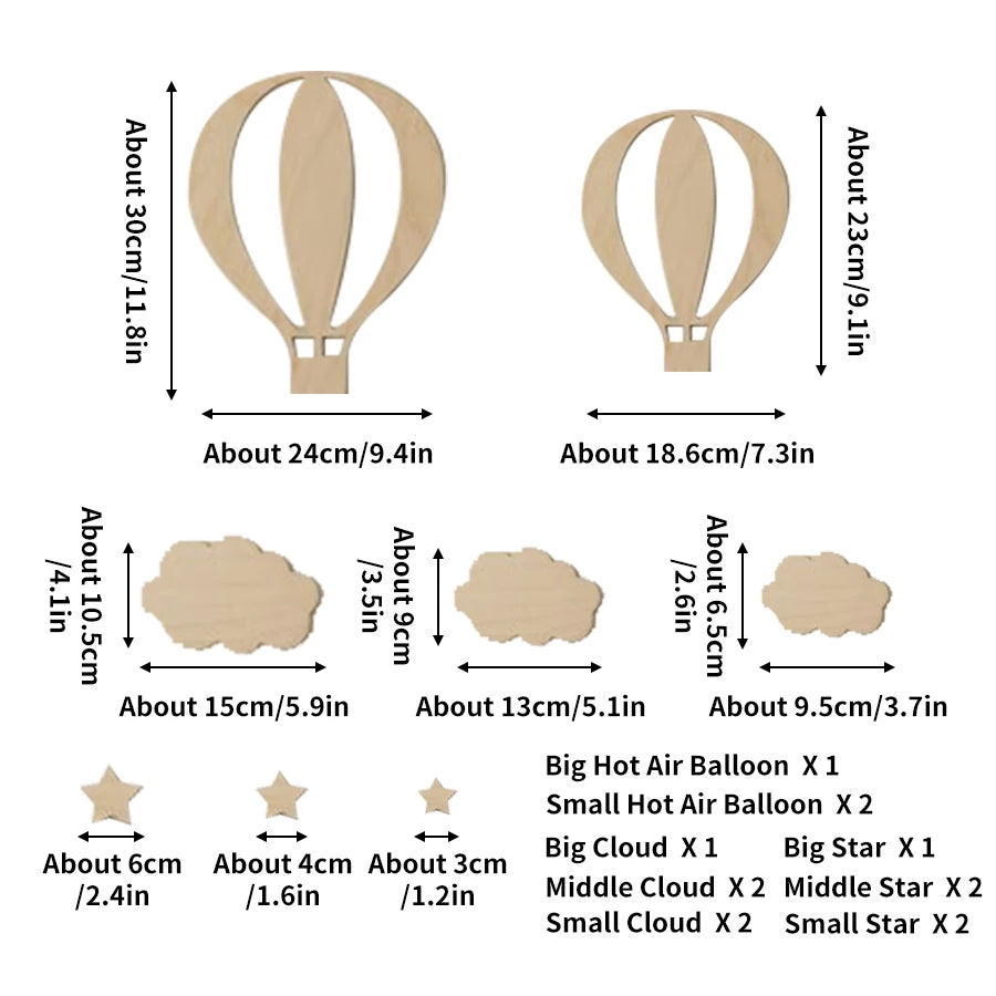 Wooden Hot Air Balloon Wall Stickers Set for Kids Room