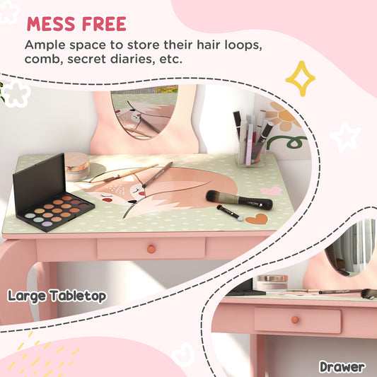 Cute Animal Design Toddler Bed Frame, Kids Dressing Table Set, Pink
