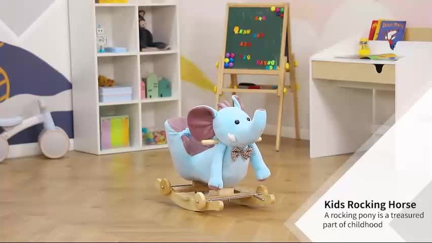 HOMCOM 2-In-1 Baby Rocking Horse Ride on Elephant W/ Wheels Music, Blue