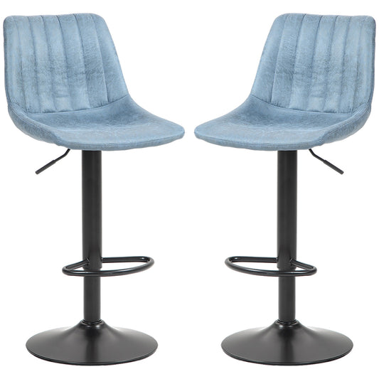 HOMCOM Set of 2 Microfibre Retro Tub Bar Stools Metal Frame Footrest Seat Blue