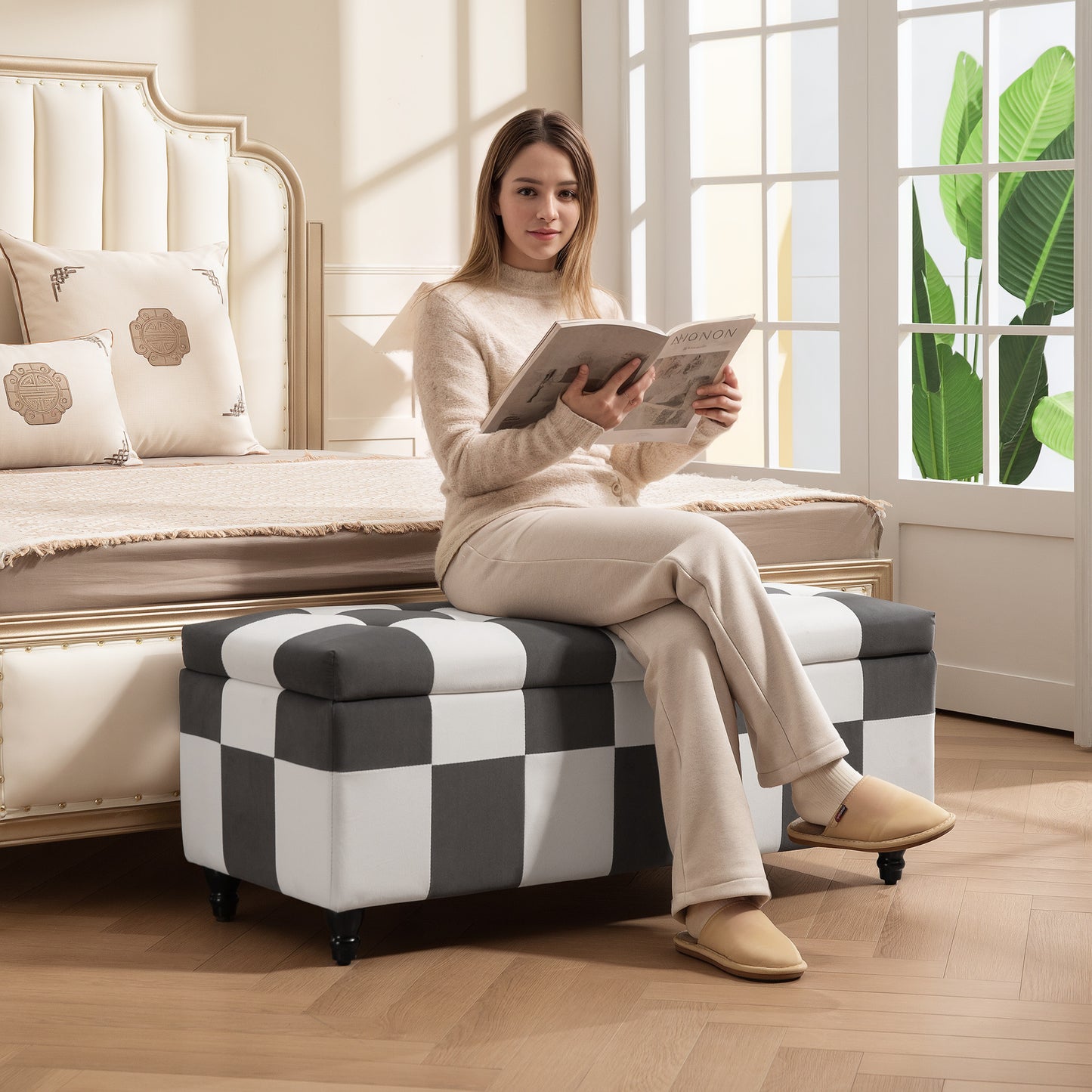 114 X 47 X 47Cm Velvet Storage Ottoman with Lid for Living Room Bedroom