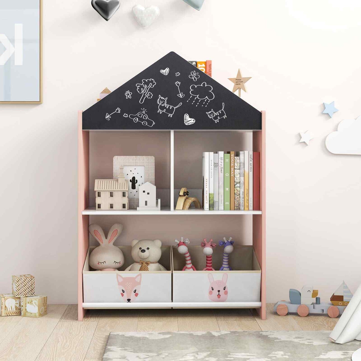 COSTWAY Kids Dollhouse Bookshelf Wooden Toy Storage Organizer-Pink SVE10199PITP