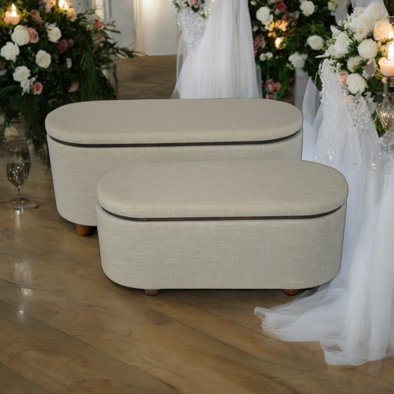 Extra Large Cream Linen Stylish Storage Seating Stools Set - 2 with Lift-Up Lids
