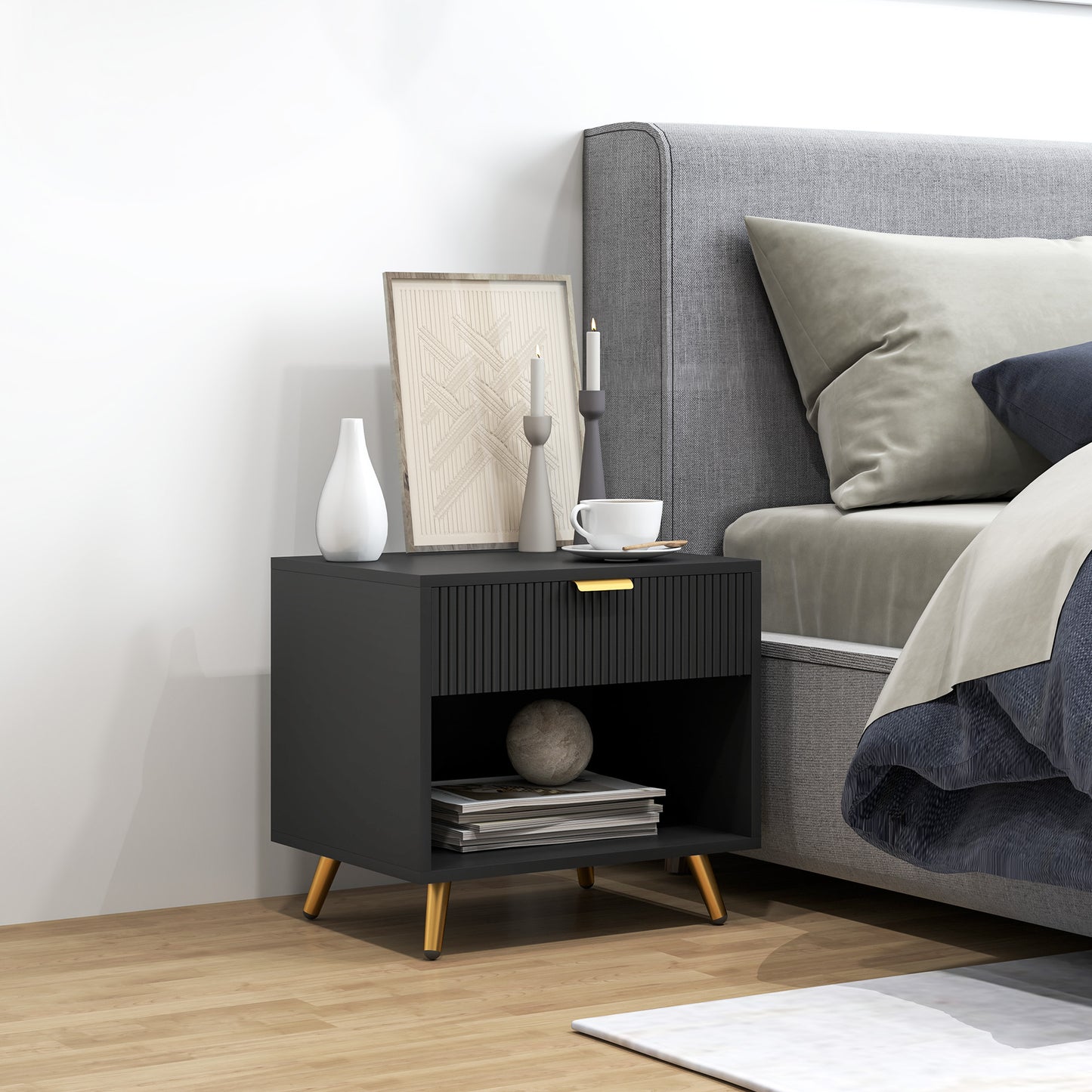End Table with Drawer and Open Compartment for Bedroom