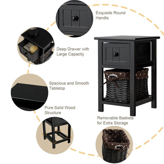 Set of 2 Nightstands with Removable Baskets and Drawers