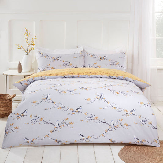 Dreamscene Blossom Bird Quilt Cover with Pillowcase Bedding Set Grey Blush Ochre