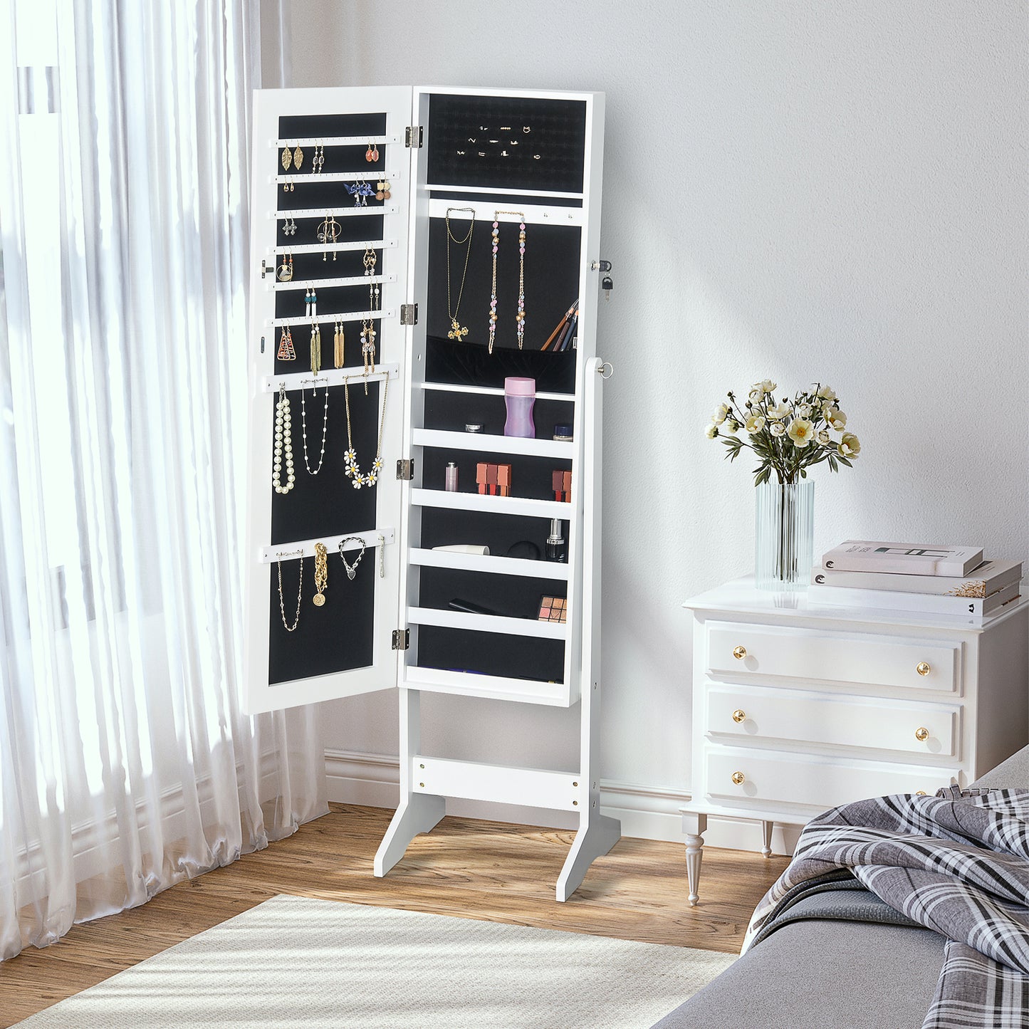 Lockable Jewellery Storage Cabinet Mirror Armoire Freestanding Adjustable White