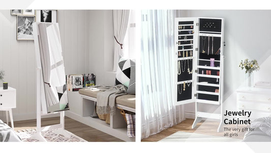 Lockable Jewellery Storage Cabinet Mirror Armoire Freestanding Adjustable White
