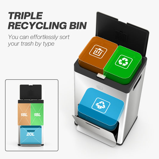 3 Compartment Kitchen Bin, Stainless Steel Pedal Bin for Recycling and Waste