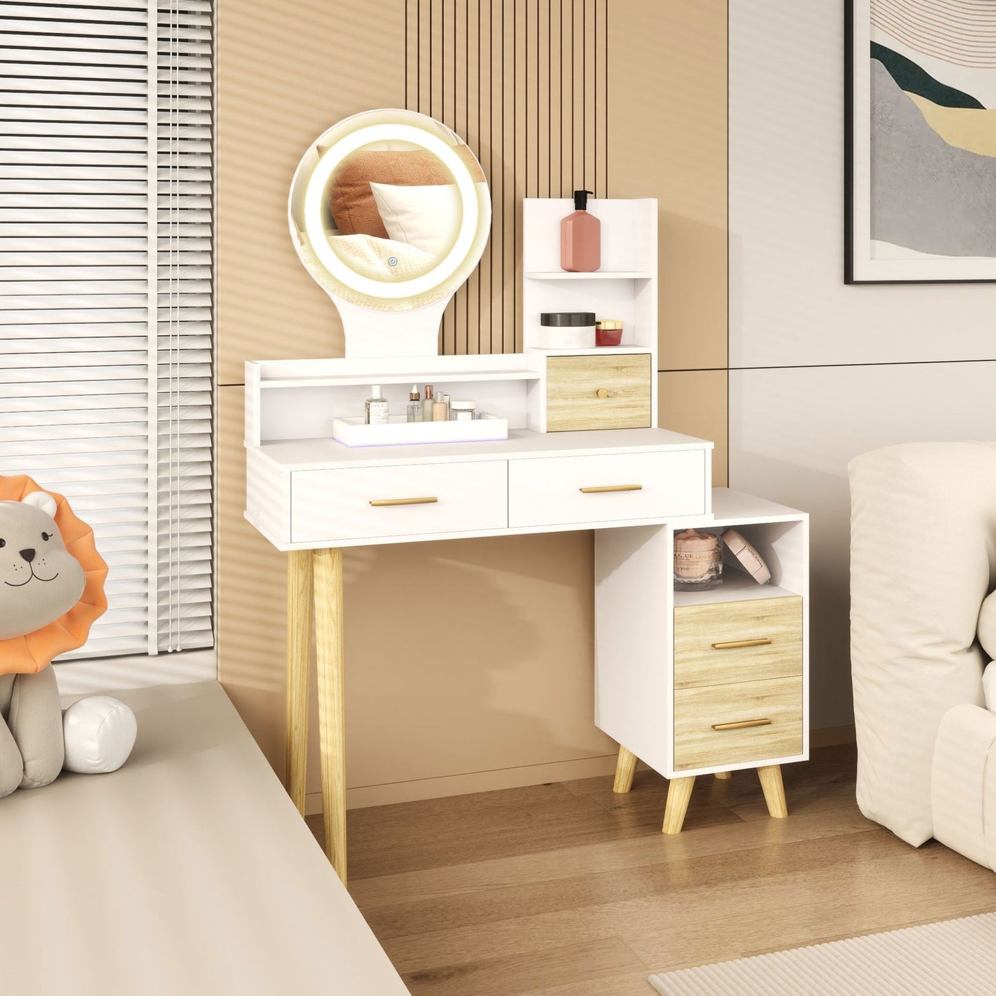Modern White Vanity Table with Mirror and LED Lighting