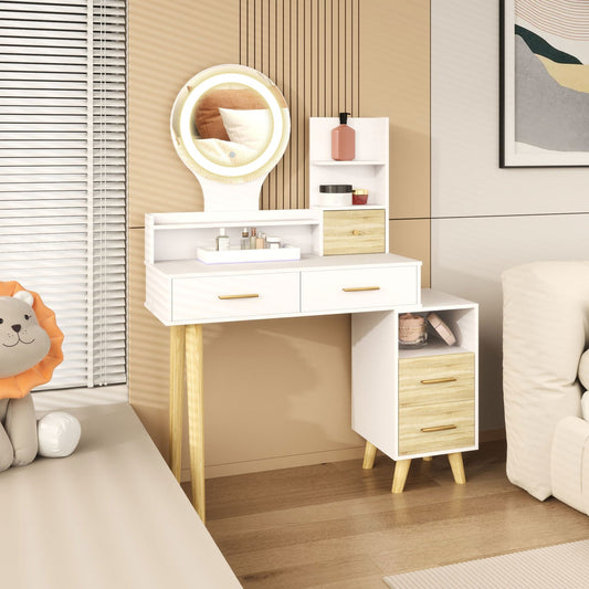 Modern White Vanity Table with Mirror and LED Lighting
