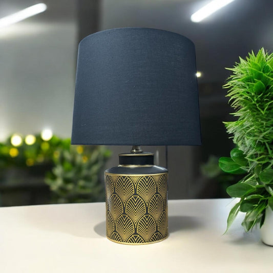 Black & Gold Modern Floral Ceramic Table Lamp Drum Shade Elegant Hall Light 50Cm