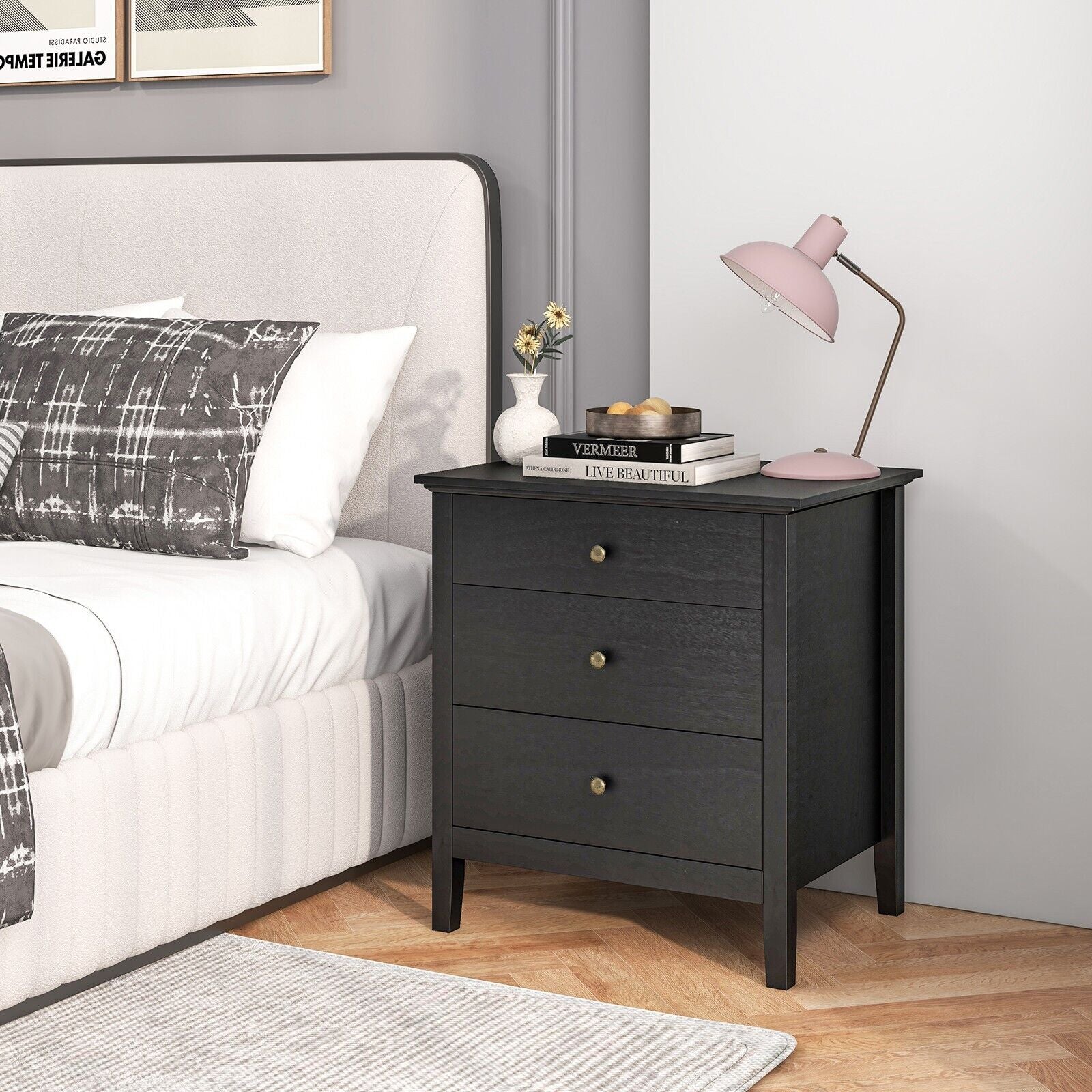Costway 3-Drawer Nightstand Bedroom Wooden Bed Side Table Modern End Table
