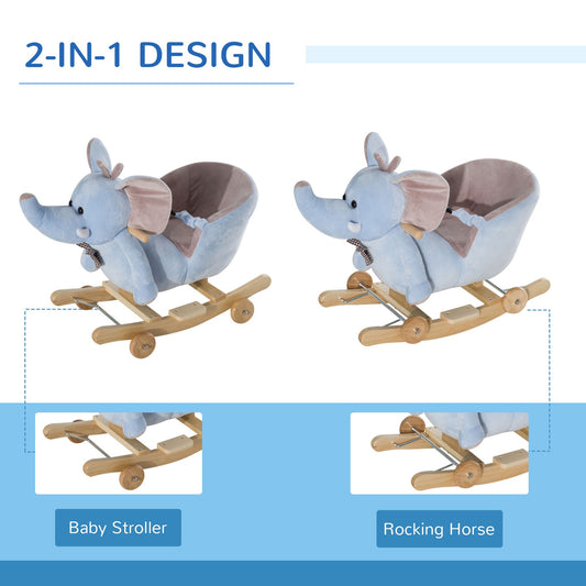 HOMCOM 2-In-1 Baby Rocking Horse Ride on Elephant W/ Wheels Music, Blue