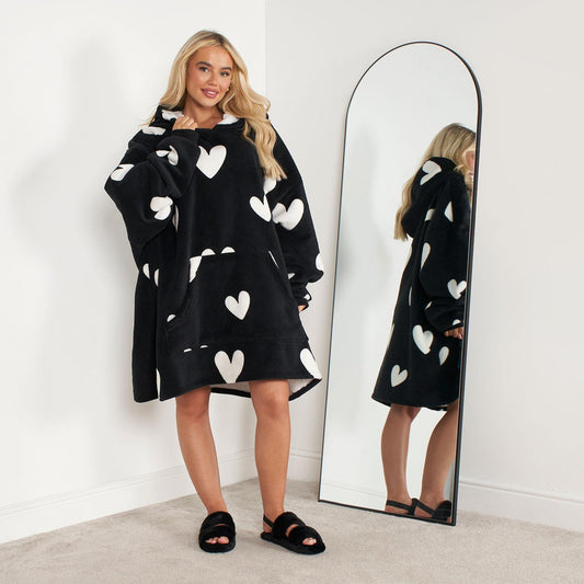 Dreamscene Heart Print Hoodie Blanket Oversized Adult Fleece Sherpa Throw Jumper