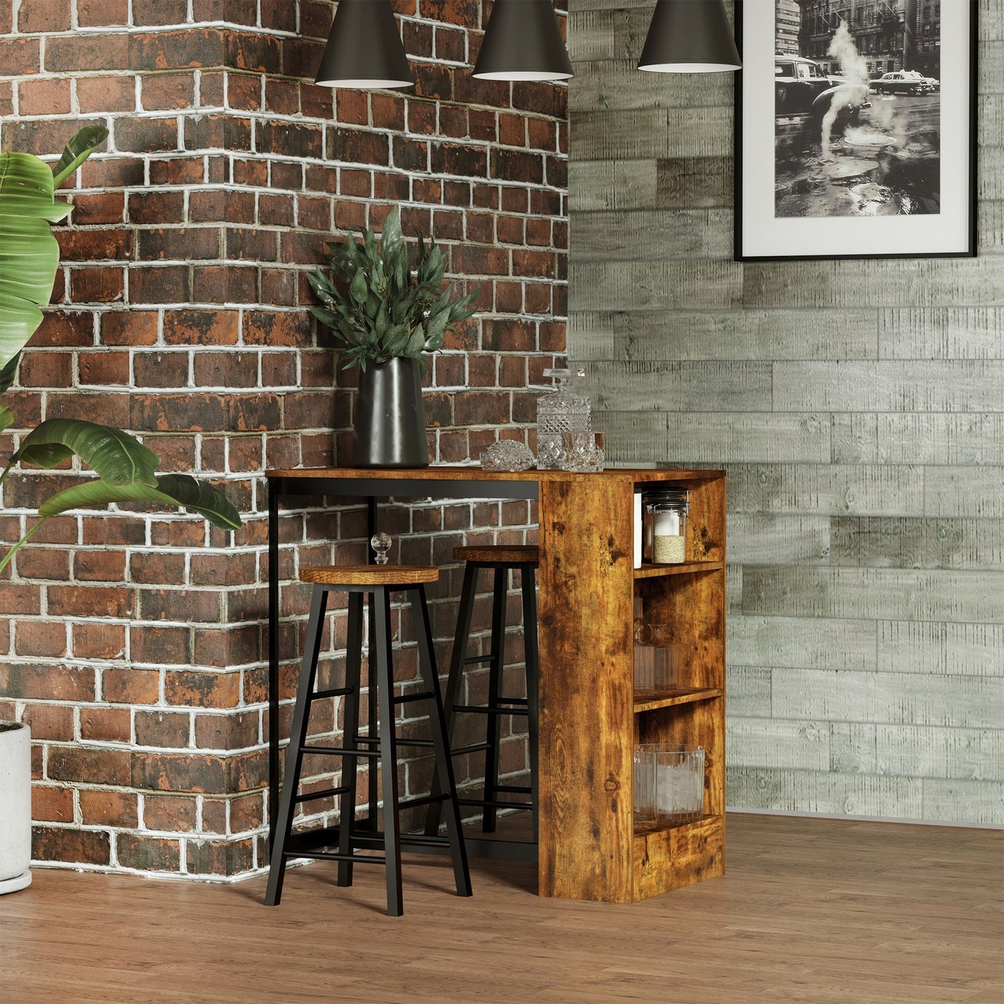 3 Pieces Bar Table Set Pub Dining Table Set W/ Storage Shelf and 2 Stools