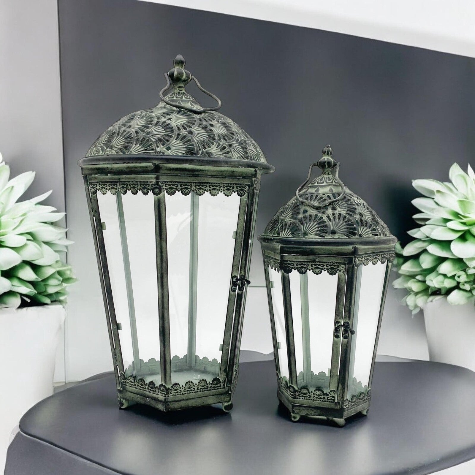 Set of 2 Tall Antiqued Style Green Metal and Glass Garden Lantern Indoor Outdoor
