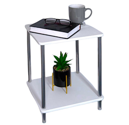 Small 2 Tier White Gloss Finish Side Table with Shelf Bedroom Coffee End Table