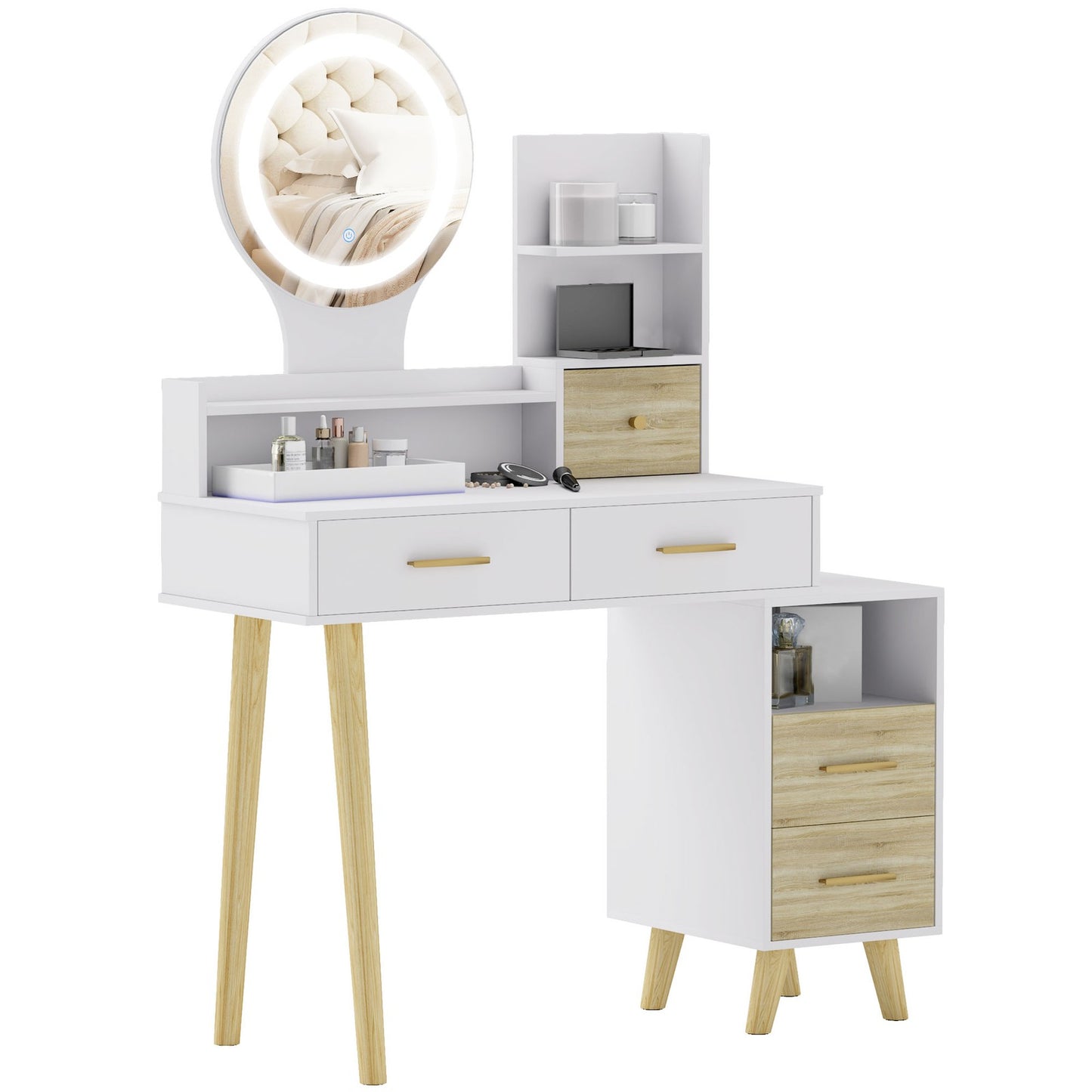 Modern White Vanity Table with Mirror and LED Lighting