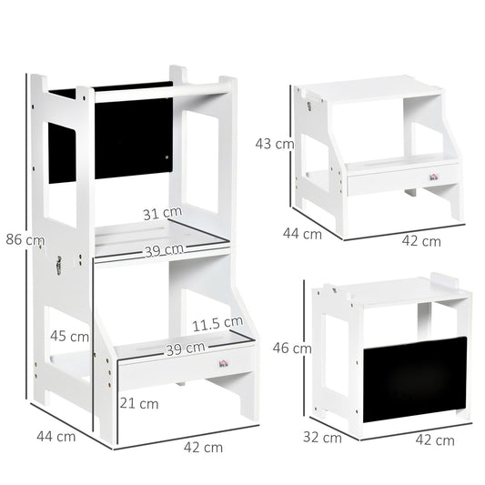 2-In-1 Kids Kitchen Step Stool Table Chair Set W/ Safety Rail Chalkboard, White