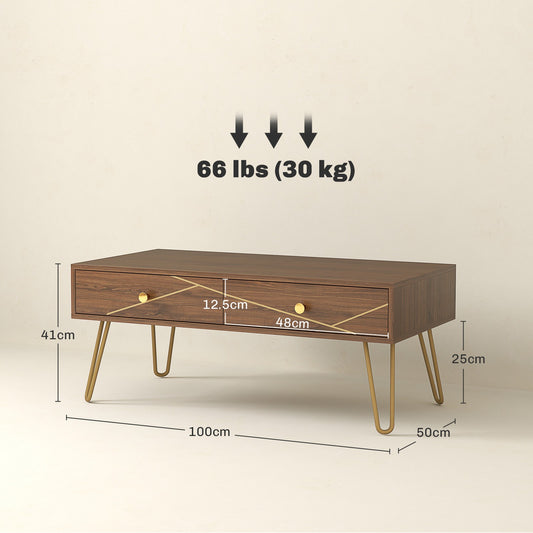 Coffee Table with Storage, Living Room Tea Table with Drawers, Steel Base, Brown